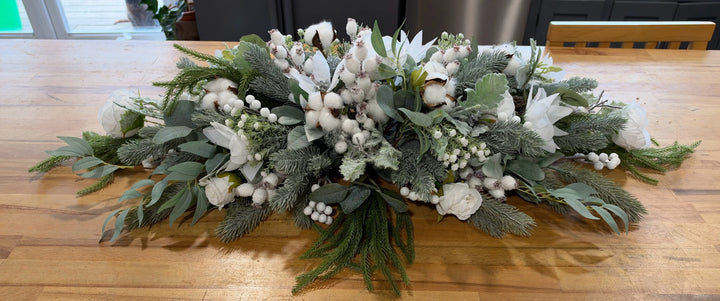 Luxury 3ft Christmas Table Centrepiece – White & Frosted Winter Flowers Claire De Fleurs