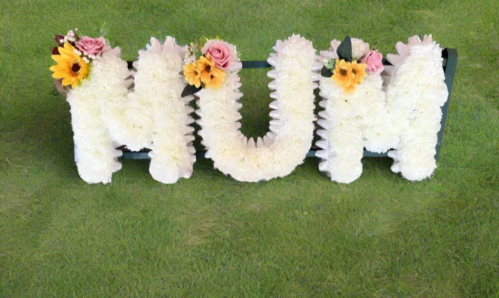Mum Artificial Silk Flower Letter Tribute Grave Flowers, Pink And Yellow Spray Claire De Fleurs