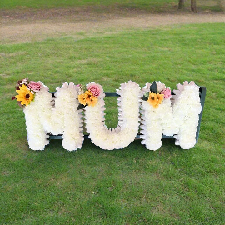 Mum Artificial Silk Flower Letter Tribute Grave Flowers, Pink And Yellow Spray Claire De Fleurs