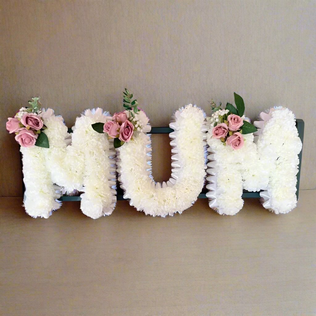 Mum Artificial Silk Flower Letter Tribute Grave Flowers, Pink  Spray Claire De Fleurs