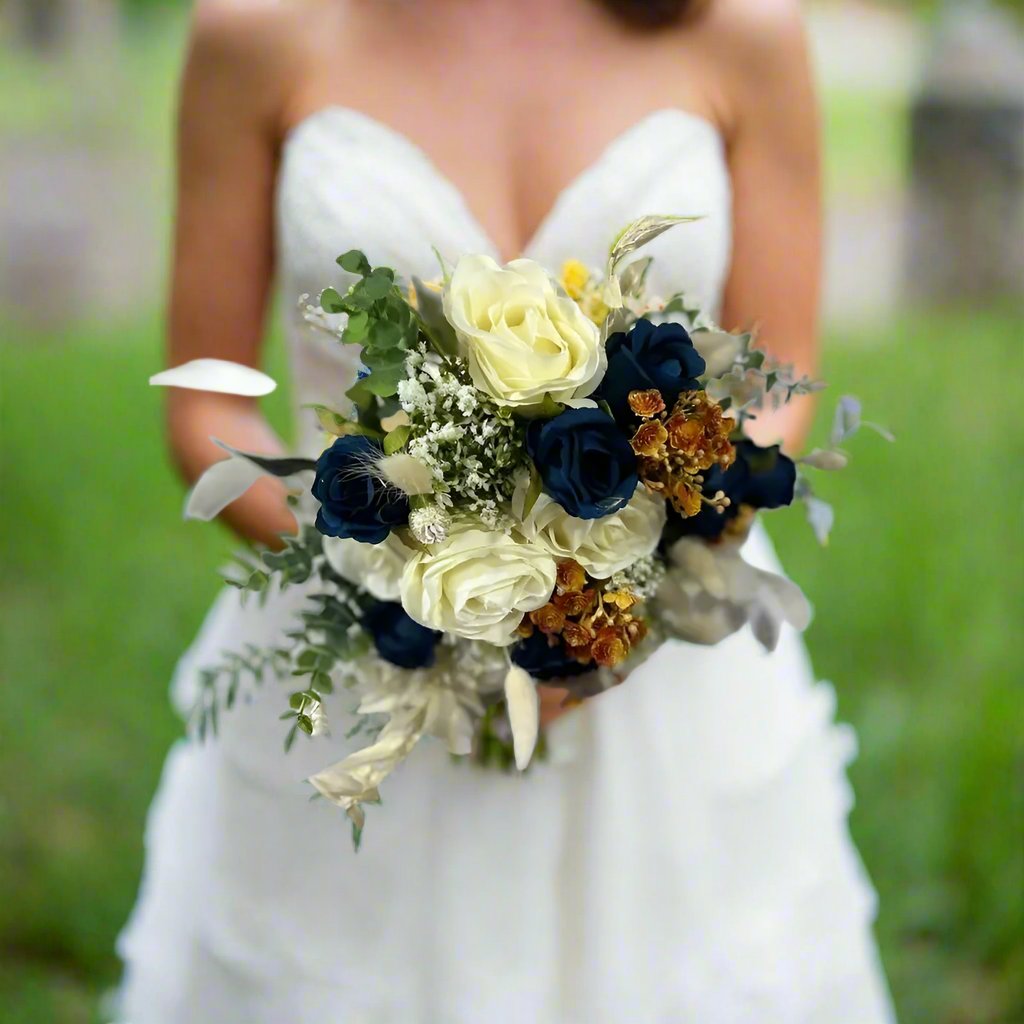 navy blue and rose gold wedding dress Navy Blue And Ivory Wedding Bouquet