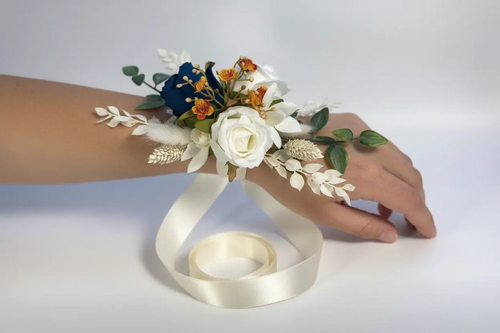 Navy Blue, Ivory and Orange Wrist Corsage Claire De Fleurs