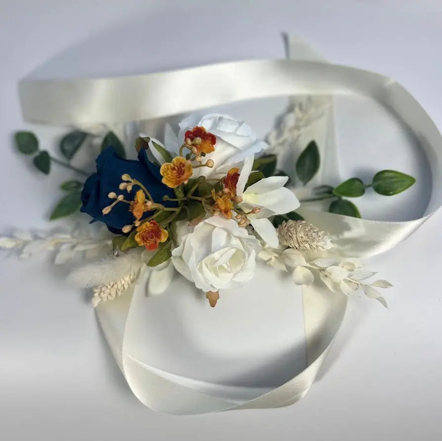 Navy Blue, Ivory and Orange Wrist Corsage Claire De Fleurs