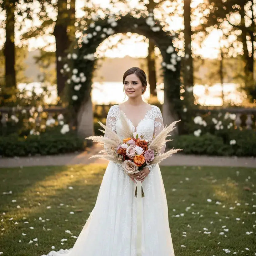 Orange, Nude Pampas Grass Wedding Bouquet Claire De Fleurs