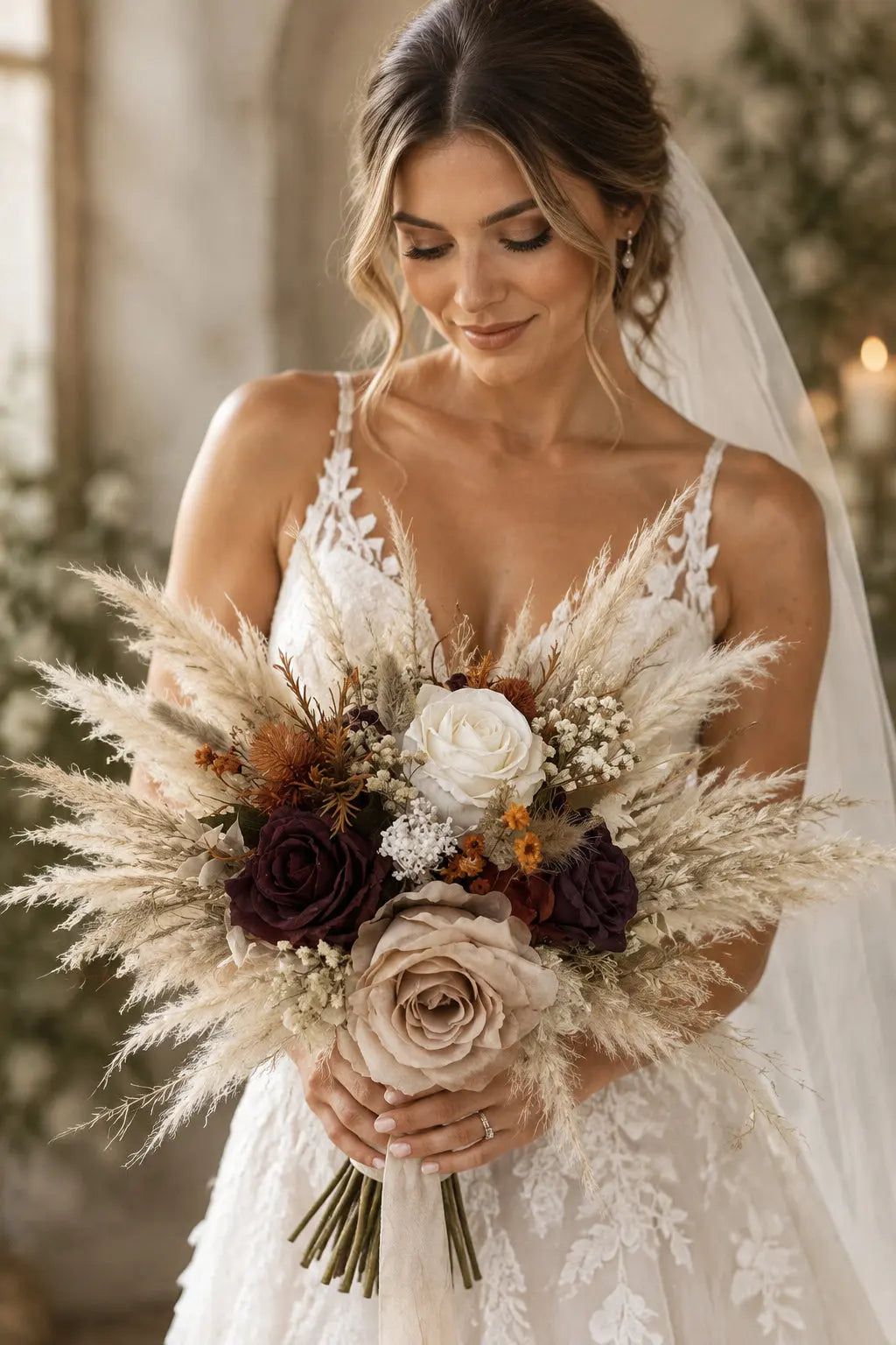 A dried floral arrangement featuring white and beige roses, dark burgundy roses, orange dried flowers, and pampas grass, displayed on a white stand against a white wall and light wood surface.