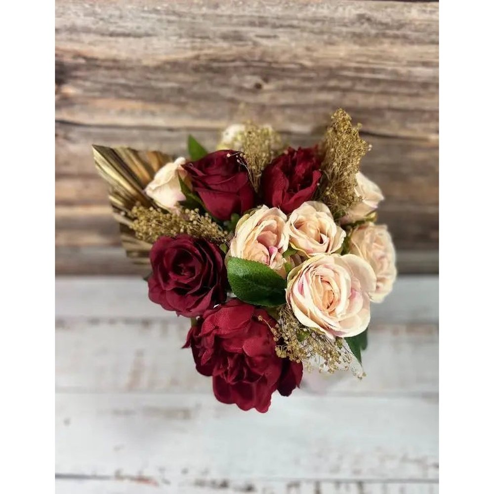 Pink And Red, Gold Valentine Arrangement - Artificial Silk Flowers For Valentines Claire De Fleurs