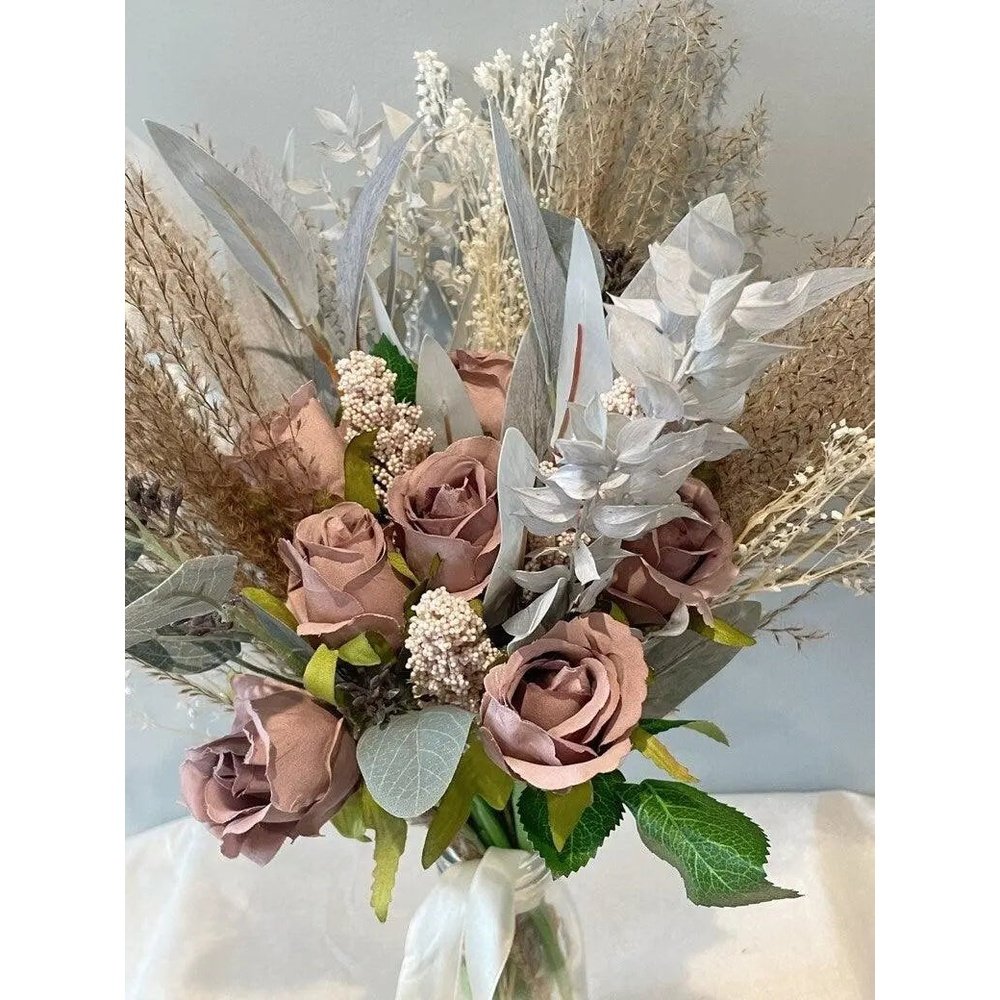 Dusky pink Rose And Pampas Grass Wedding Bouquet - Artificial Flowers | Claire De Fleurs