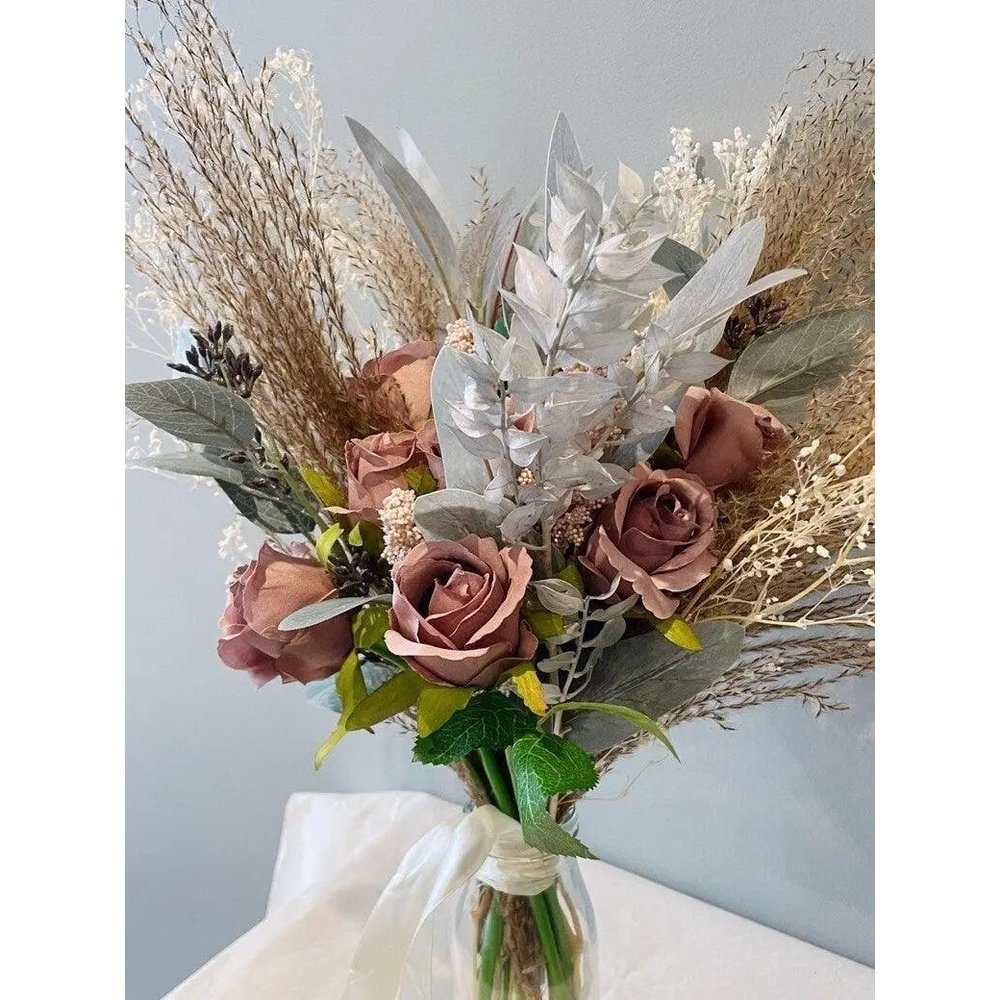 Dusky pink Rose And Pampas Grass Wedding Bouquet - Artificial Flowers | Claire De Fleurs