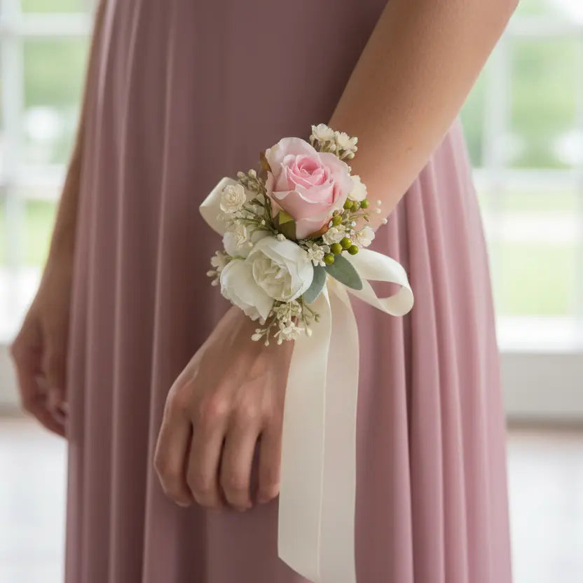 Floral corsage with pink and white flowers on a white background