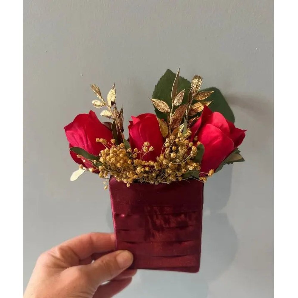 Red And Gold  Rose Pocket Buttonhole faux flowers Claire De Fleurs