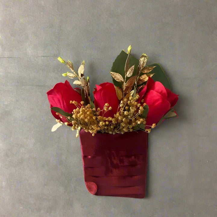 Red And Gold  Rose Pocket Buttonhole faux flowers Claire De Fleurs