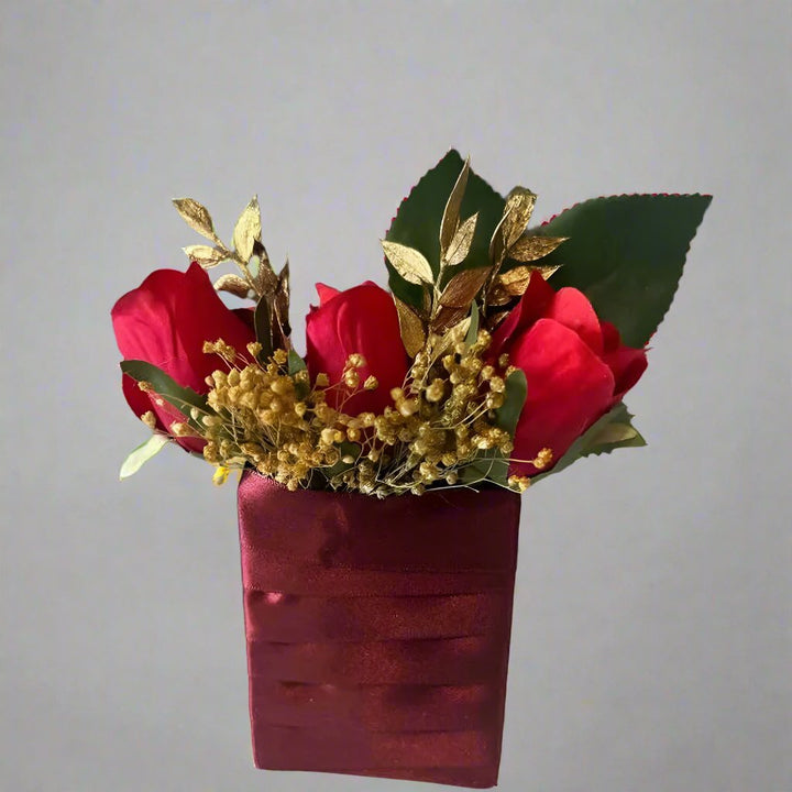 Red And Gold  Rose Pocket Buttonhole faux flowers Claire De Fleurs