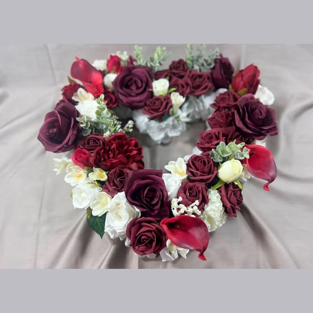 Red And White Rose Heart Shaped Valentines Artificial Flowers Memorial Wreath Claire De Fleurs