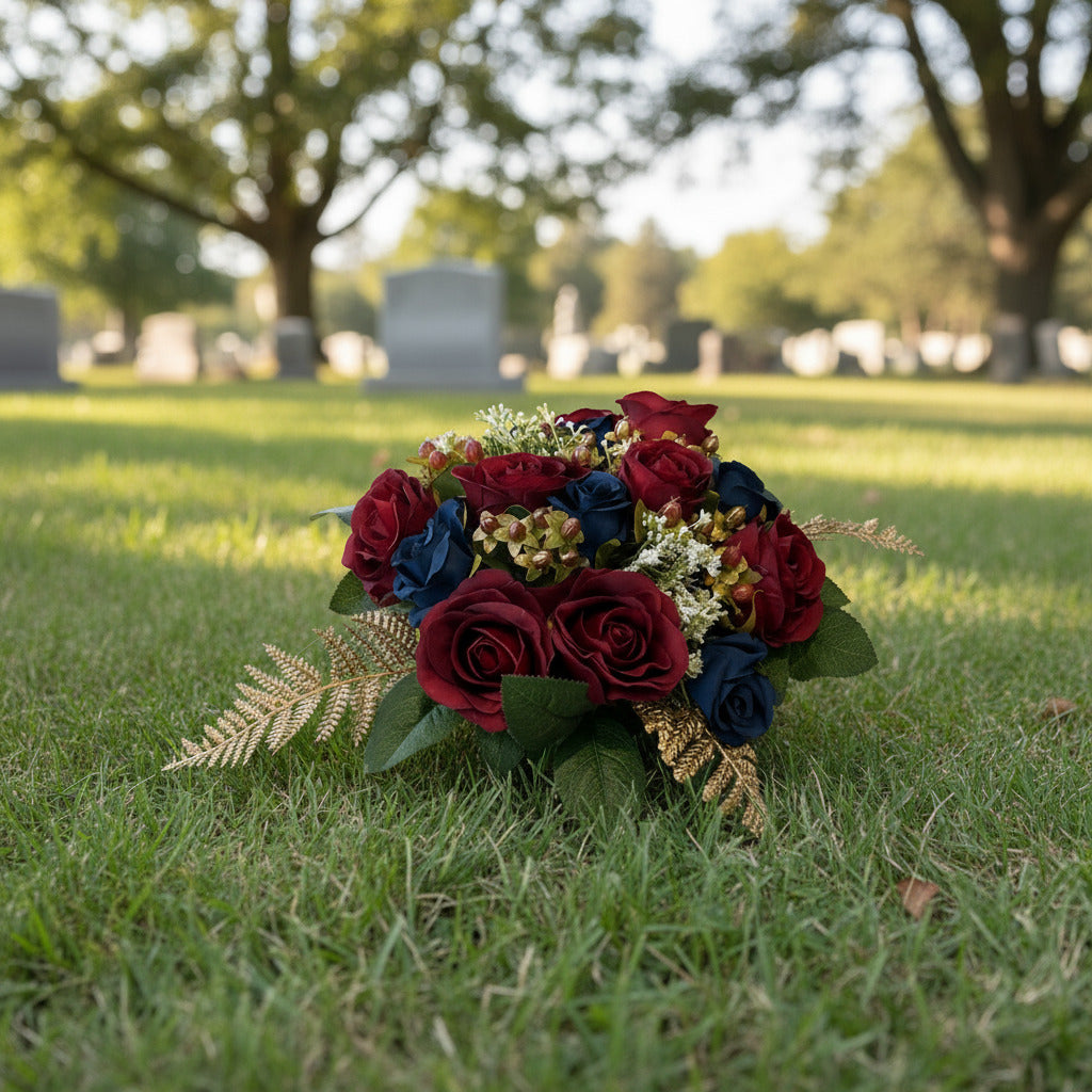 Red Blue And Gold Funeral Tribute Claire De Fleurs