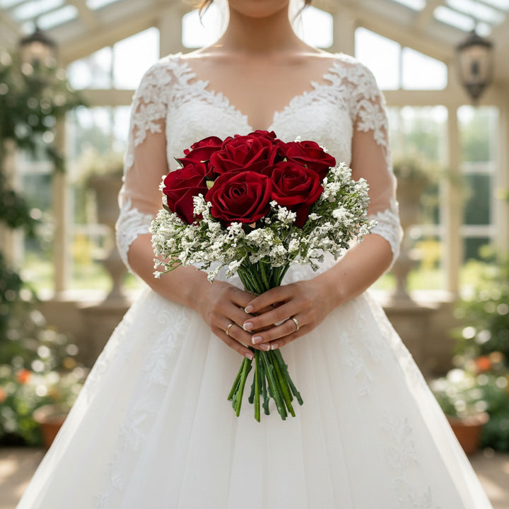 Red Rose And Gypsophila Bouquet Claire De Fleurs