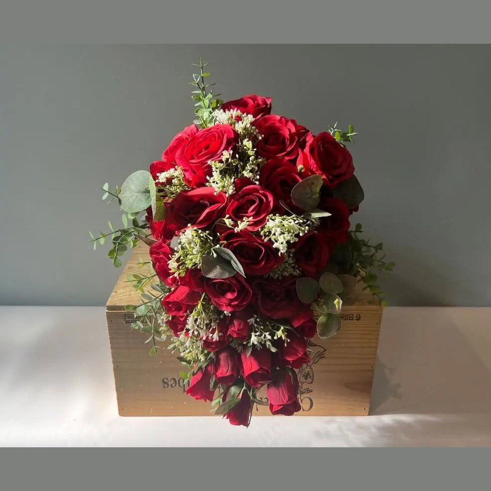 Red Rose And Gypsophila Bouquet with greenery Claire De Fleurs