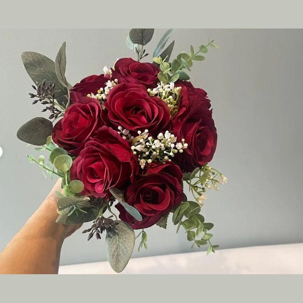 Red Rose And Gypsophila Bouquet with greenery Claire De Fleurs