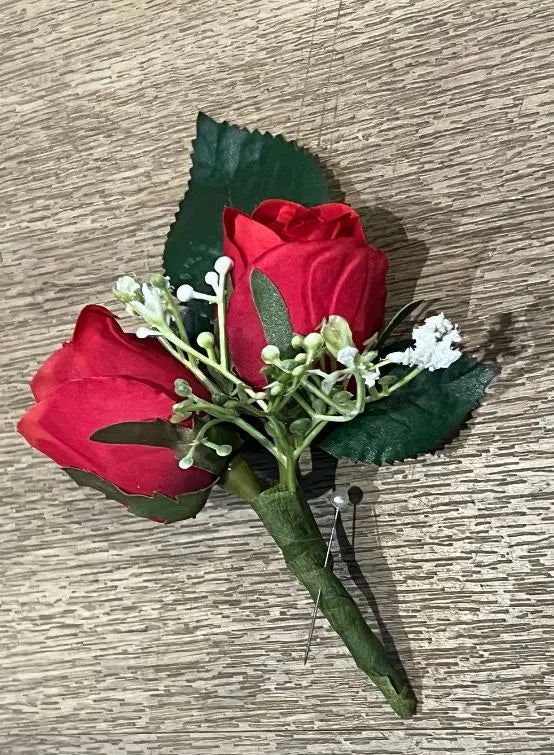 Red Rose Boutonniere Buttonhole faux flowers Claire De Fleurs