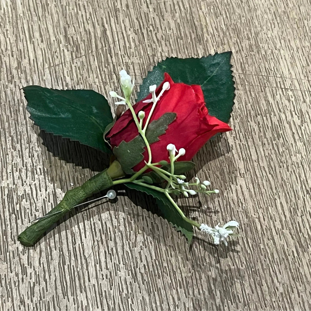 Red Rose Buttonhole | Silk Wedding Buttonhole with Gypsophila Groom Corsage Claire De Fleurs