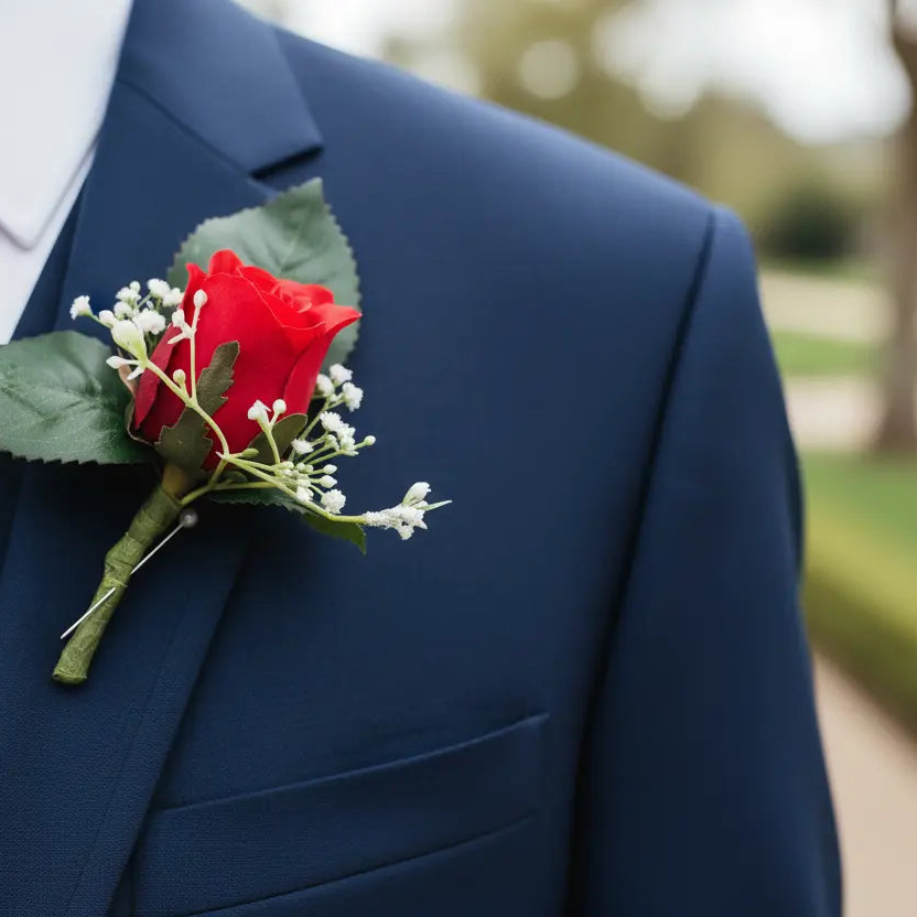 Red Rose Buttonhole | Silk Wedding Buttonhole with Gypsophila Groom Corsage Claire De Fleurs