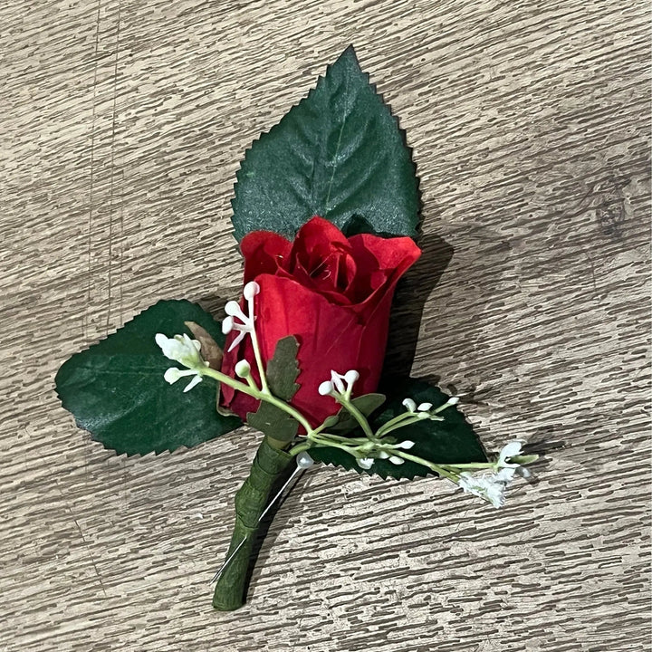 Red Rose Buttonhole | Silk Wedding Buttonhole with Gypsophila Groom Corsage Claire De Fleurs