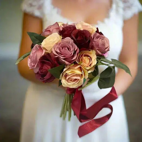 Red and Pink Rose Bridal Bouquet: Artificial Silk Wedding Flowers Claire De Fleurs