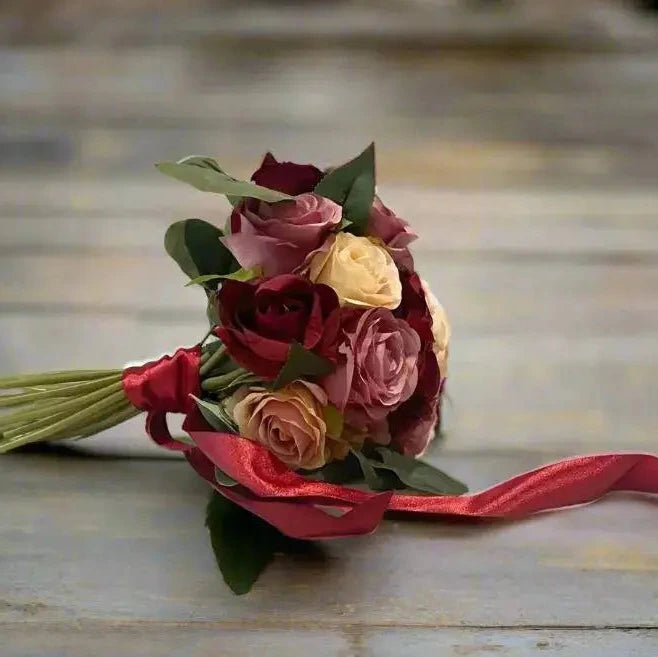 Red and Pink Rose Bridal Bouquet: Artificial Silk Wedding Flowers Claire De Fleurs