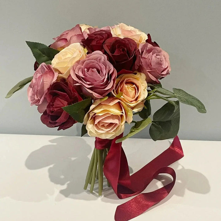 Red and Pink Rose Bridal Bouquet: Silk Wedding Flowers Claire De Fleurs