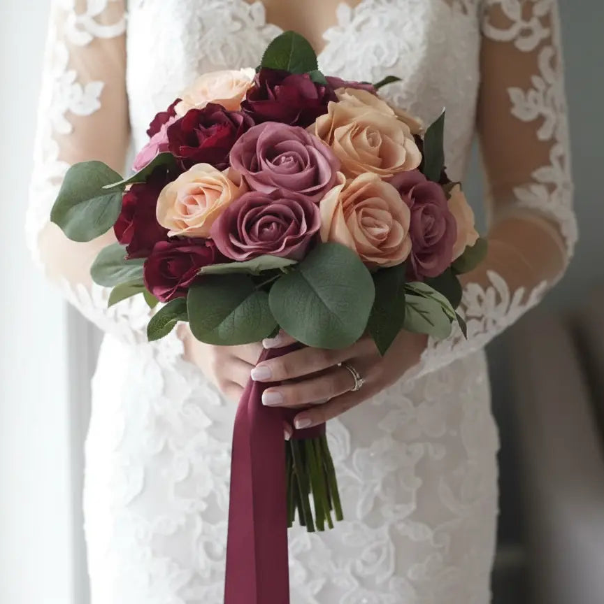 Red and Pink Rose Bridal Bouquet: Silk Wedding Flowers Claire De Fleurs