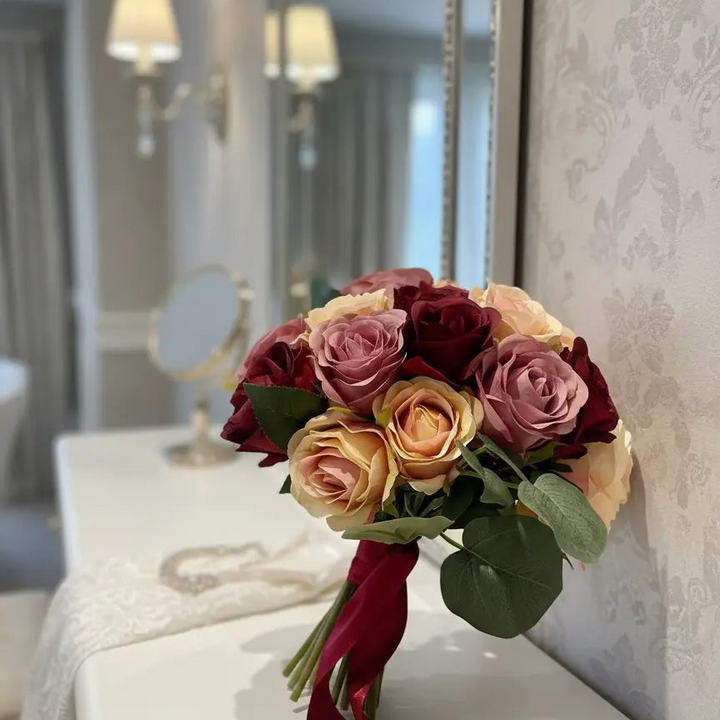 Red and Pink Rose Bridal Bouquet: Silk Wedding Flowers Claire De Fleurs