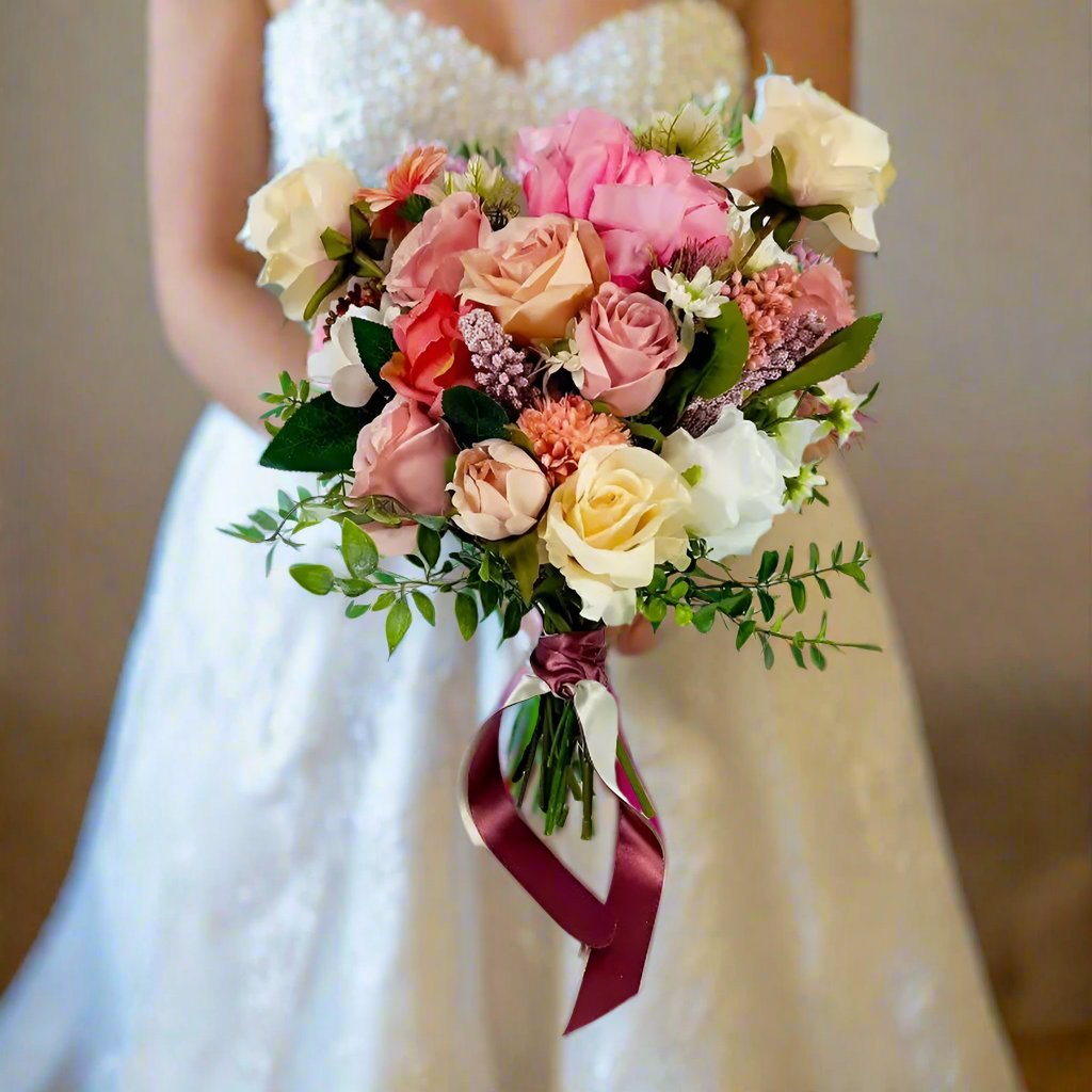 Soft Pink & White Silk Wedding Bouquet | Ivory Roses Peonies Eucalyptus | Claire De Fleurs Claire De Fleurs