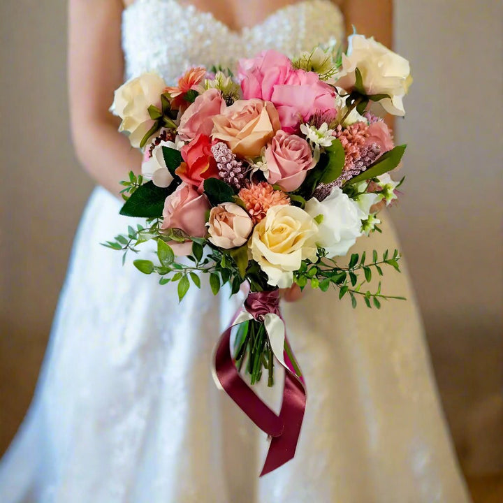 Soft Pink & White Silk Wedding Bouquet | Ivory Roses Peonies Eucalyptus | Claire De Fleurs Claire De Fleurs