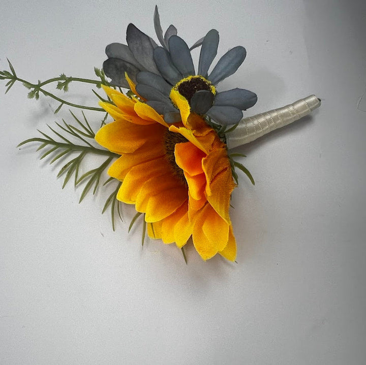 Sunflower And Blue Daisy Buttonhole Claire De Fleurs