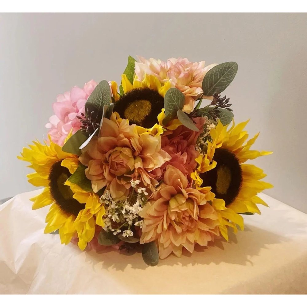 Pink Dahlias, Yellow Sunflower Bouquet - Artificial Flowers | Claire De Fleurs