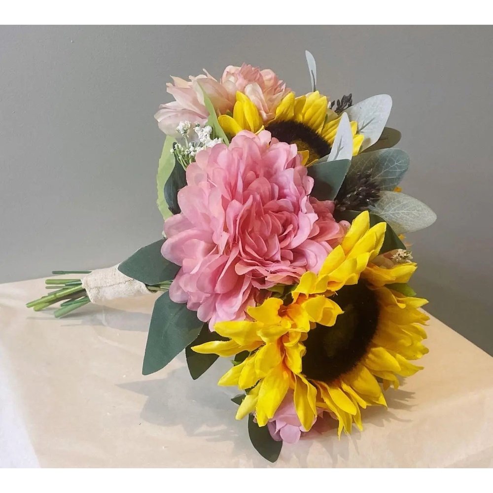 Pink Dahlias, Yellow Sunflower Bouquet - Artificial Flowers | Claire De Fleurs