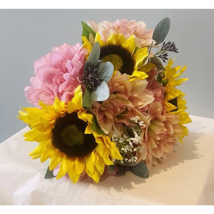 Pink Dahlias, Yellow Sunflower Bouquet - Artificial Flowers | Claire De Fleurs