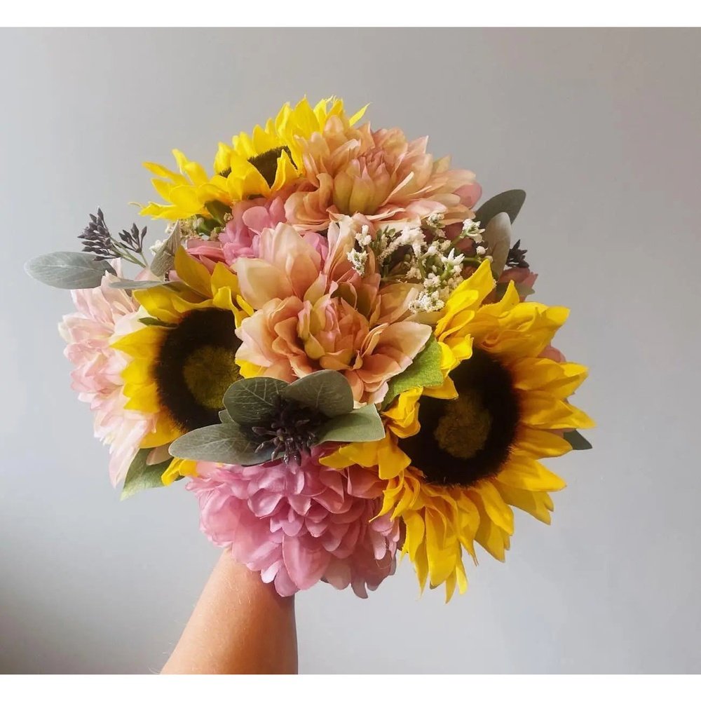 Pink Dahlias, Yellow Sunflower Bouquet - Artificial Flowers | Claire De Fleurs