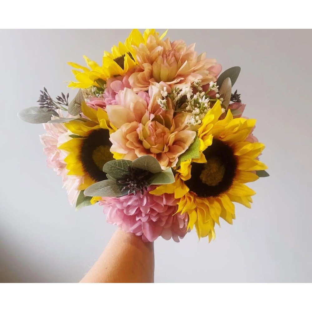 Pink Dahlias, Yellow Sunflower Bouquet - Artificial Flowers | Claire De Fleurs