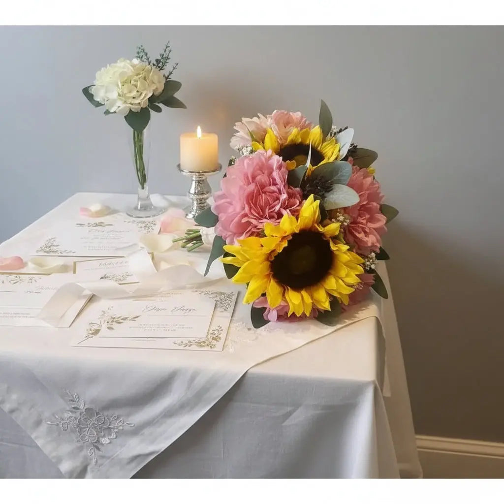 Pink Dahlias, Yellow Sunflower Bouquet - Artificial Flowers | Claire De Fleurs