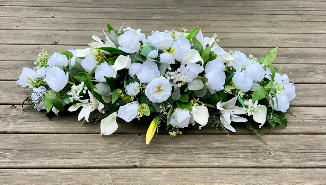 White Artificial Flower Casket Spray Coffin Topper Claire De Fleurs