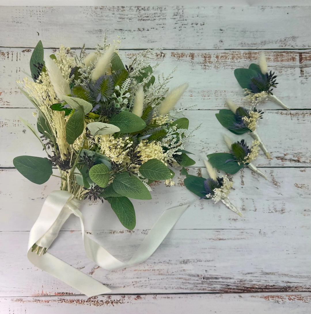 White Lavender And Blue Thistle Bouquet Claire De Fleurs