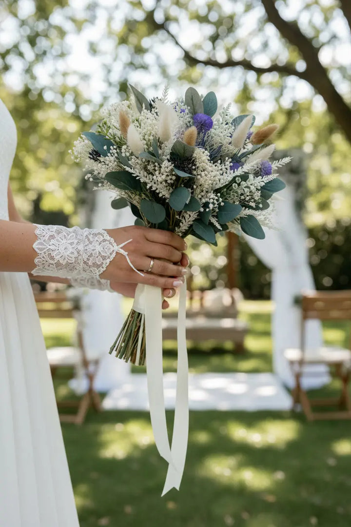 White Lavender And Blue Thistle Bouquet Claire De Fleurs