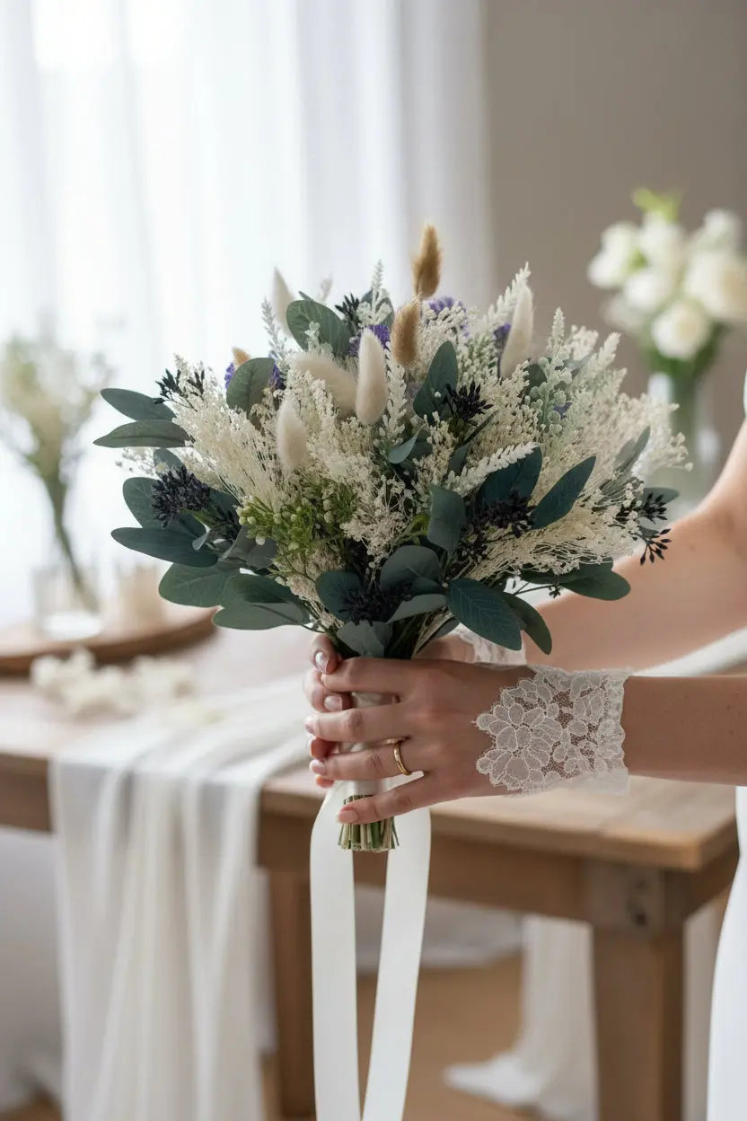 White Lavender And Blue Thistle Bouquet Claire De Fleurs