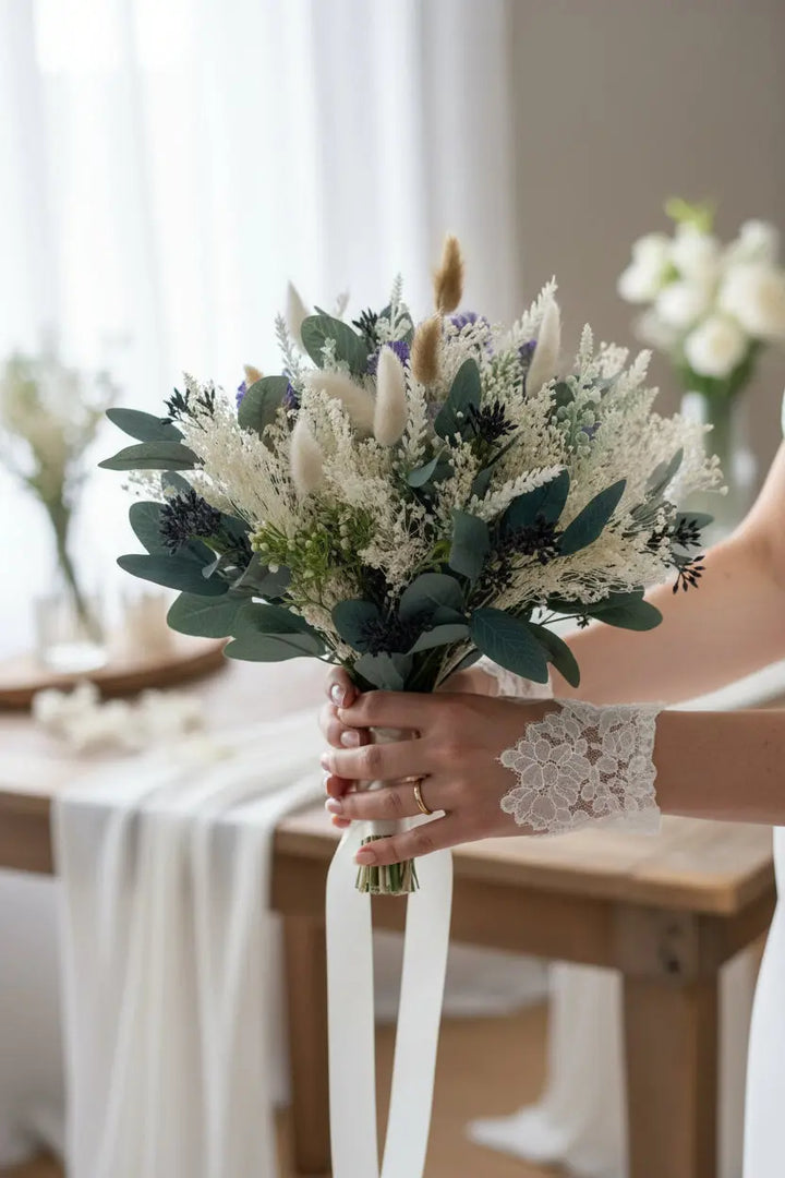 White Lavender And Blue Thistle Bouquet Claire De Fleurs
