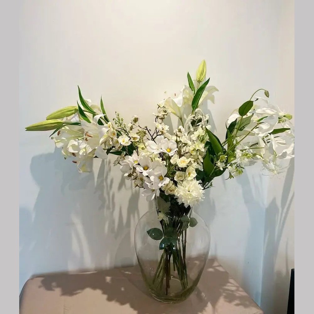 White Lily Artificial Arrangement - Artificial Silk Flower Arrangement Claire De Fleurs