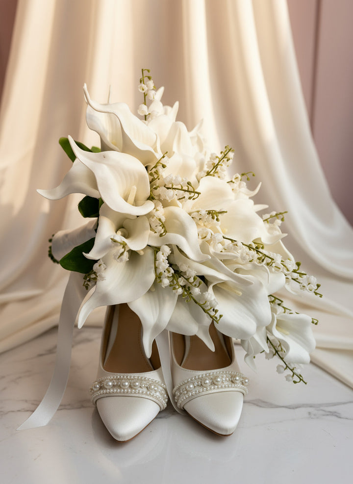 White Lily Tear Drop Cascade Artificial Wedding Bouquet Claire De Fleurs