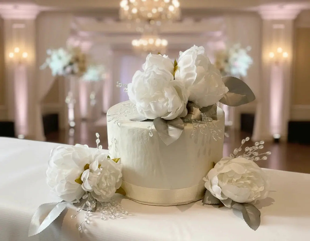 White Peony Cake Flowers: Silver Leaf & Crystal Wedding Decor Claire De Fleurs