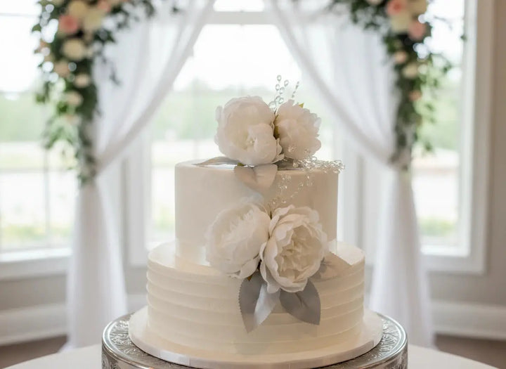 White Peony Cake Flowers: Silver Leaf & Crystal Wedding Decor Claire De Fleurs