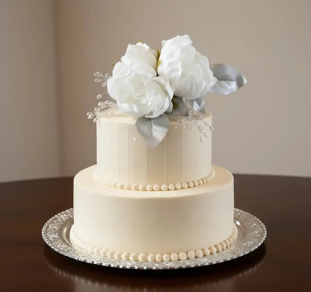 White Peony Cake Flowers: Silver Leaf & Crystal Wedding Decor Claire De Fleurs