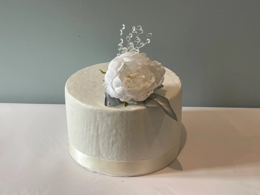 White Peony Cake Flowers: Silver Leaf & Crystal Wedding Decor Claire De Fleurs